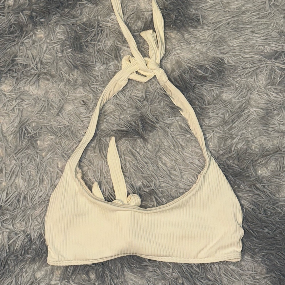 Good American Cream Ribbed Halter Bikini Top